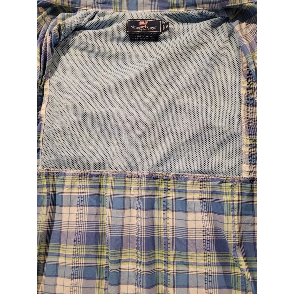 Vineyard Vines Harbor Shirt Mens M Performance Fishing Plaid Blue Green Vented